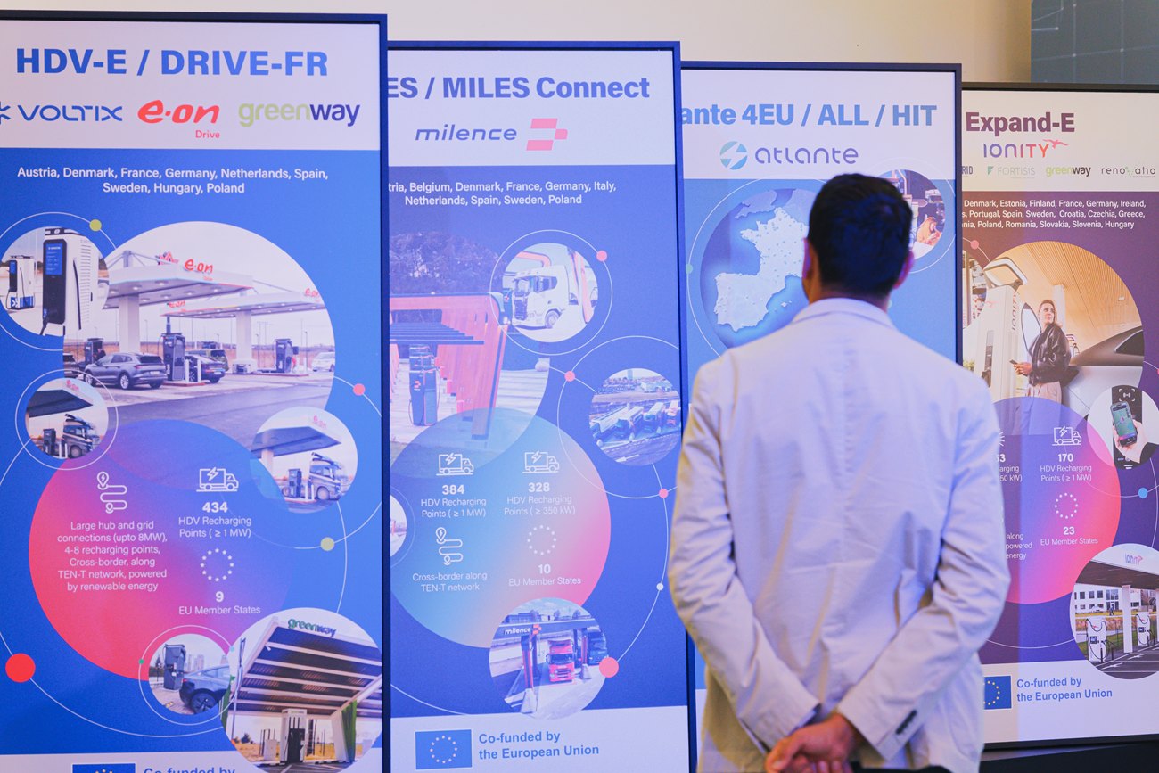 A visitor reading the partner panels, each one mapping a charging corridor across Europe.